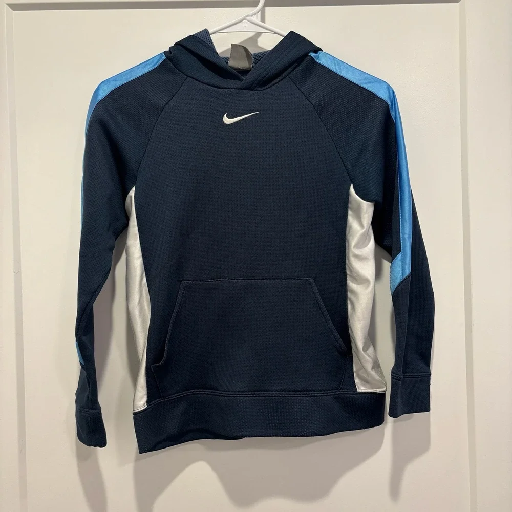 Nike‎ Vintage Center Swoosh Hoodie Sweater Navy Blue Mesh Sweater Boys Small